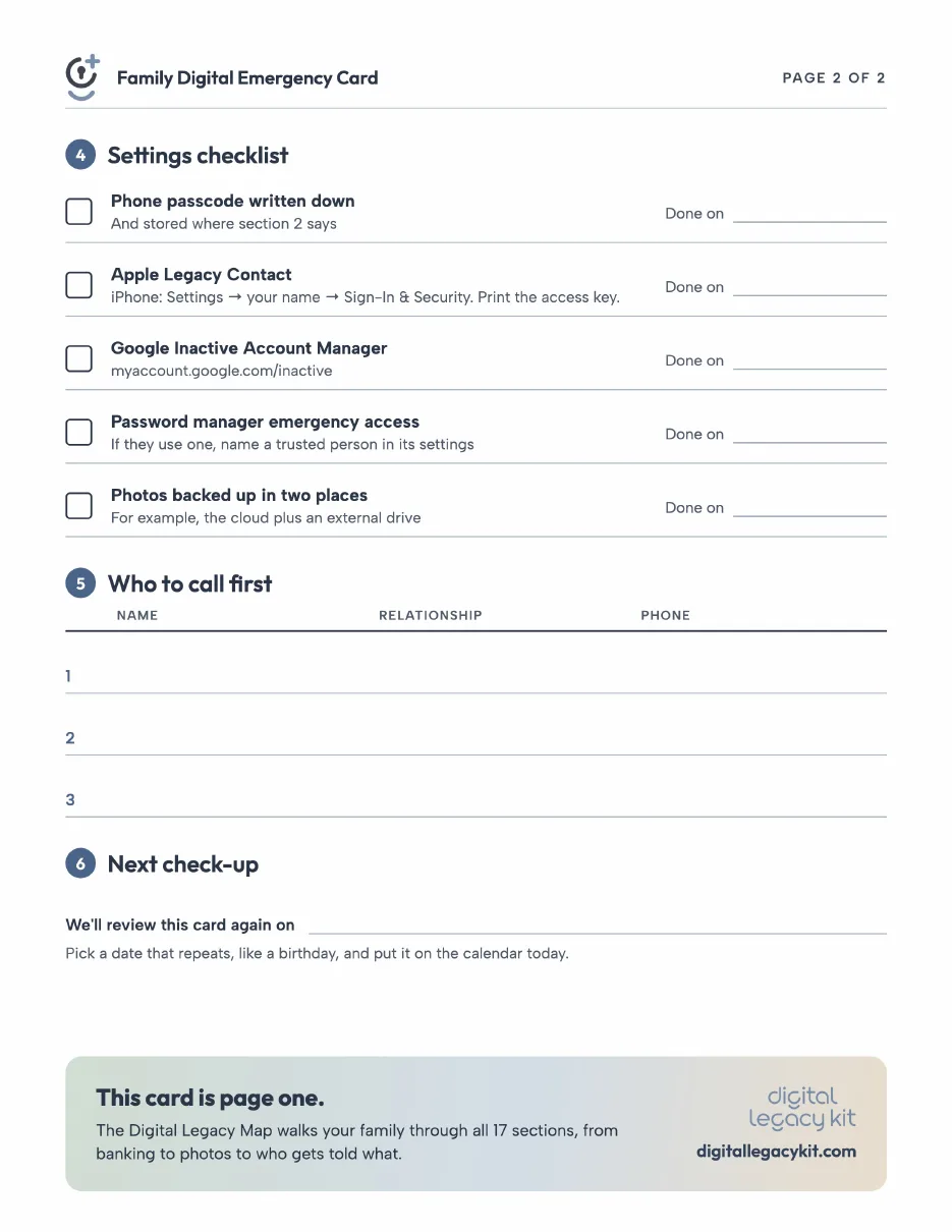 Page two of the Family Digital Emergency Card